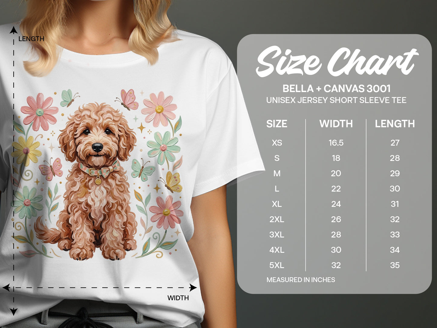 White t-shirt with doodle dog, flowers, butterflies, and size chart.
