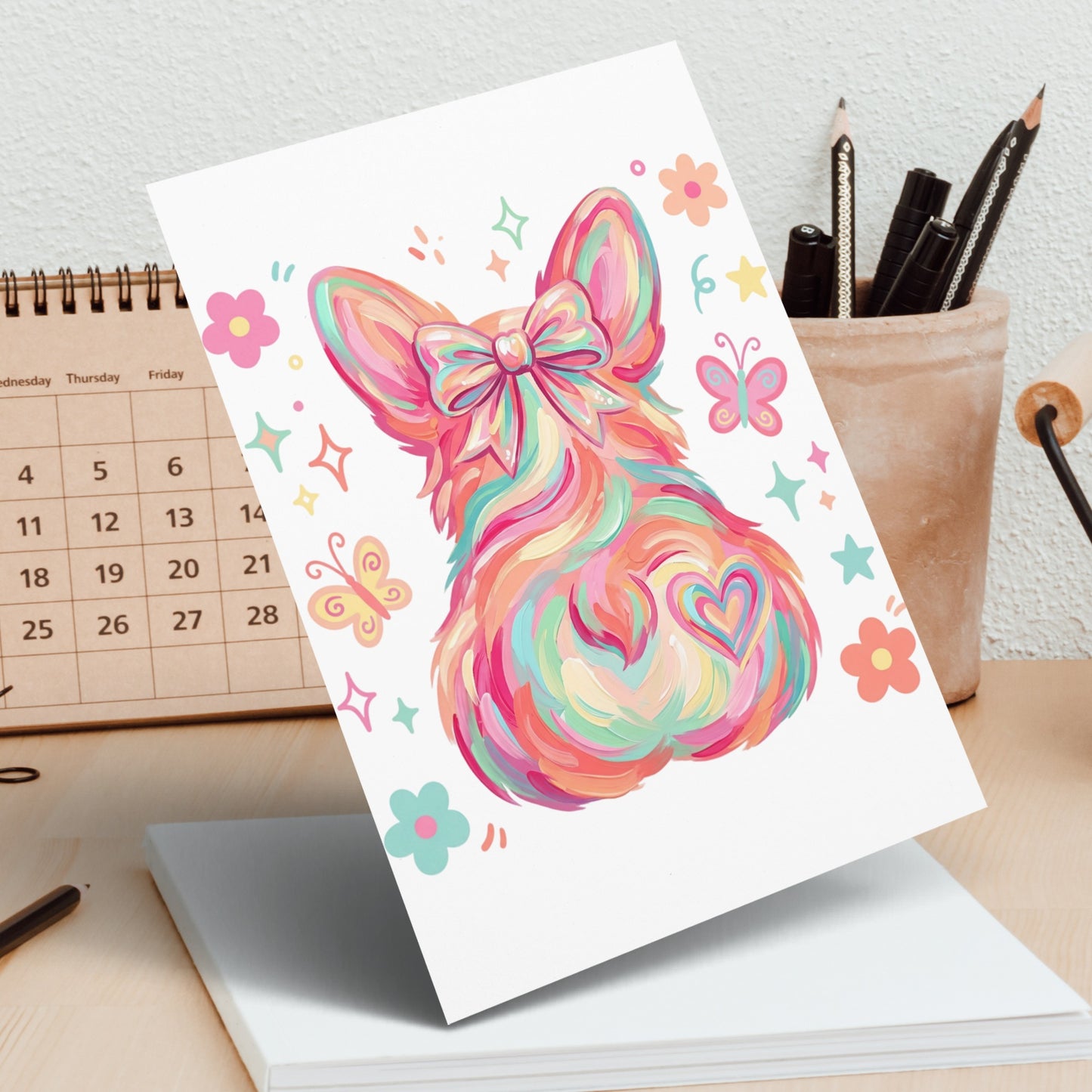 Colorful, stylized corgi illustration with a bow and heart on a card.