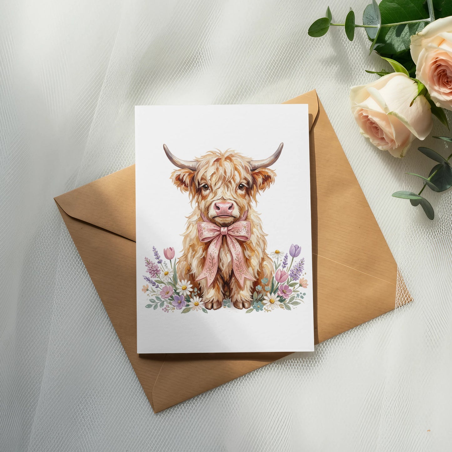 Watercolor Highland cow wearing a pink bow, surrounded by flowers.
