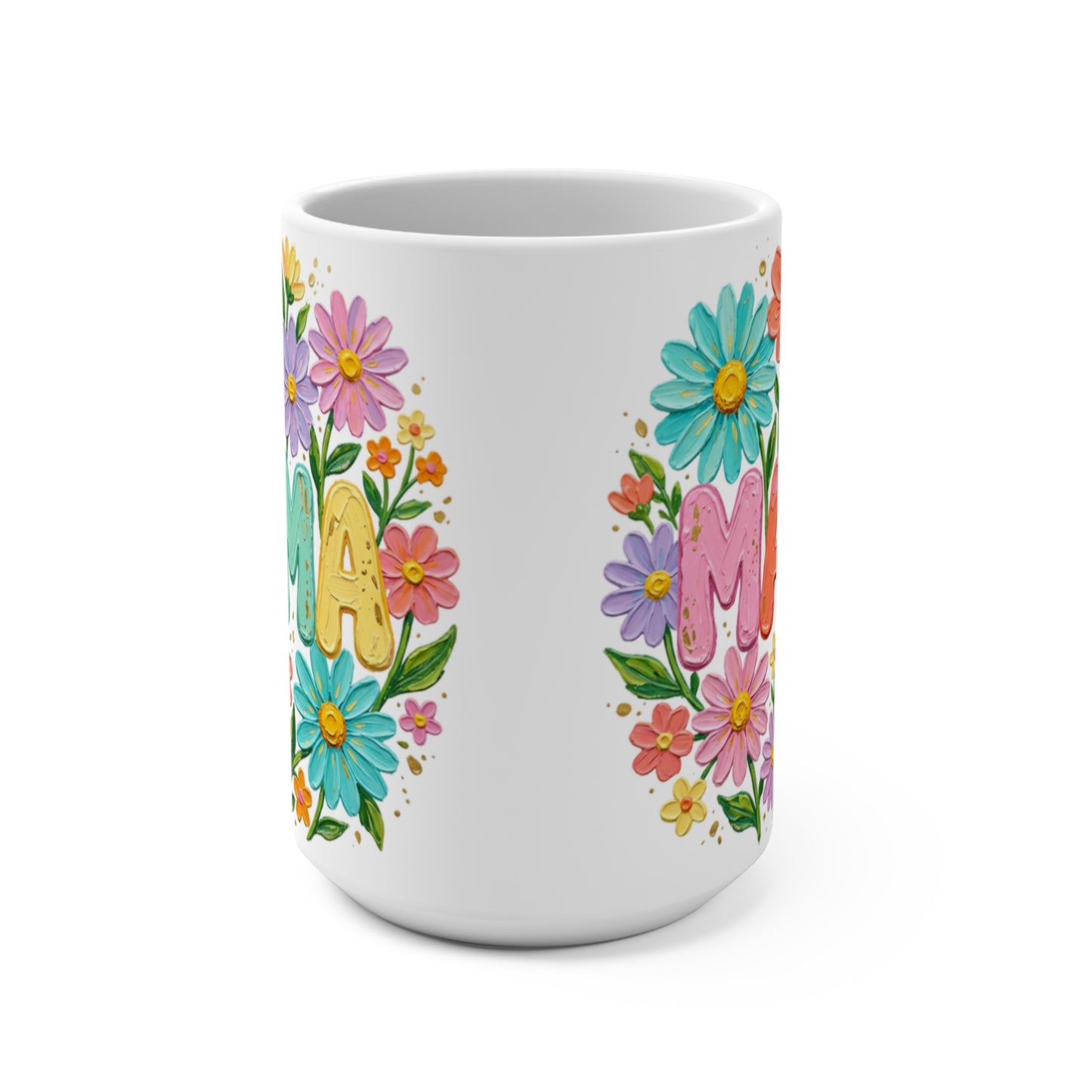 White mug with colorful floral letters spelling "Mama".