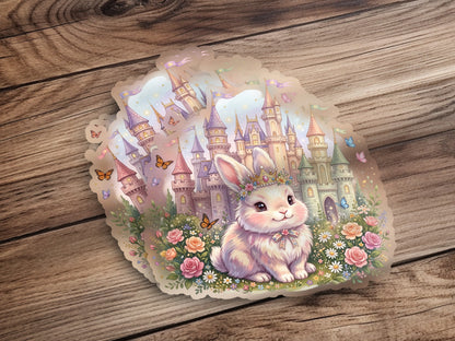 Fluffy white bunny wearing a flower crown in front of a fairytale castle.