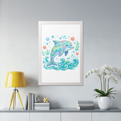 Whimsical dolphin with colorful patterns jumps in wavy water.