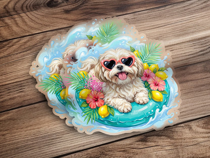 Dog with heart sunglasses relaxing on a pool float with lemons and flowers.
