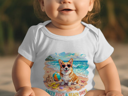 Baby wearing white bodysuit with corgi and beach graphic, "Salty Paws & Beach Days" text.