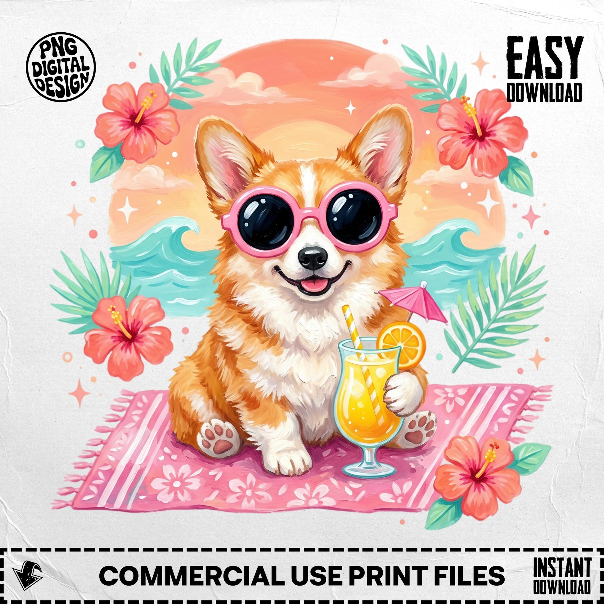 Smiling corgi wearing sunglasses on a pink striped towel with a tropical drink.