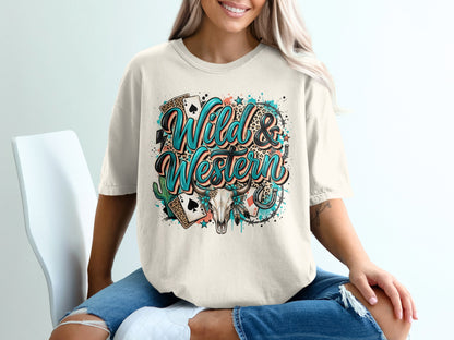 Graphic t-shirt with "Wild & Western" text, playing cards, cactus, and skull.