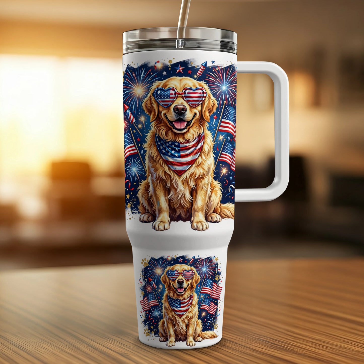 Golden retriever wearing sunglasses and bandana with American flag patterns.