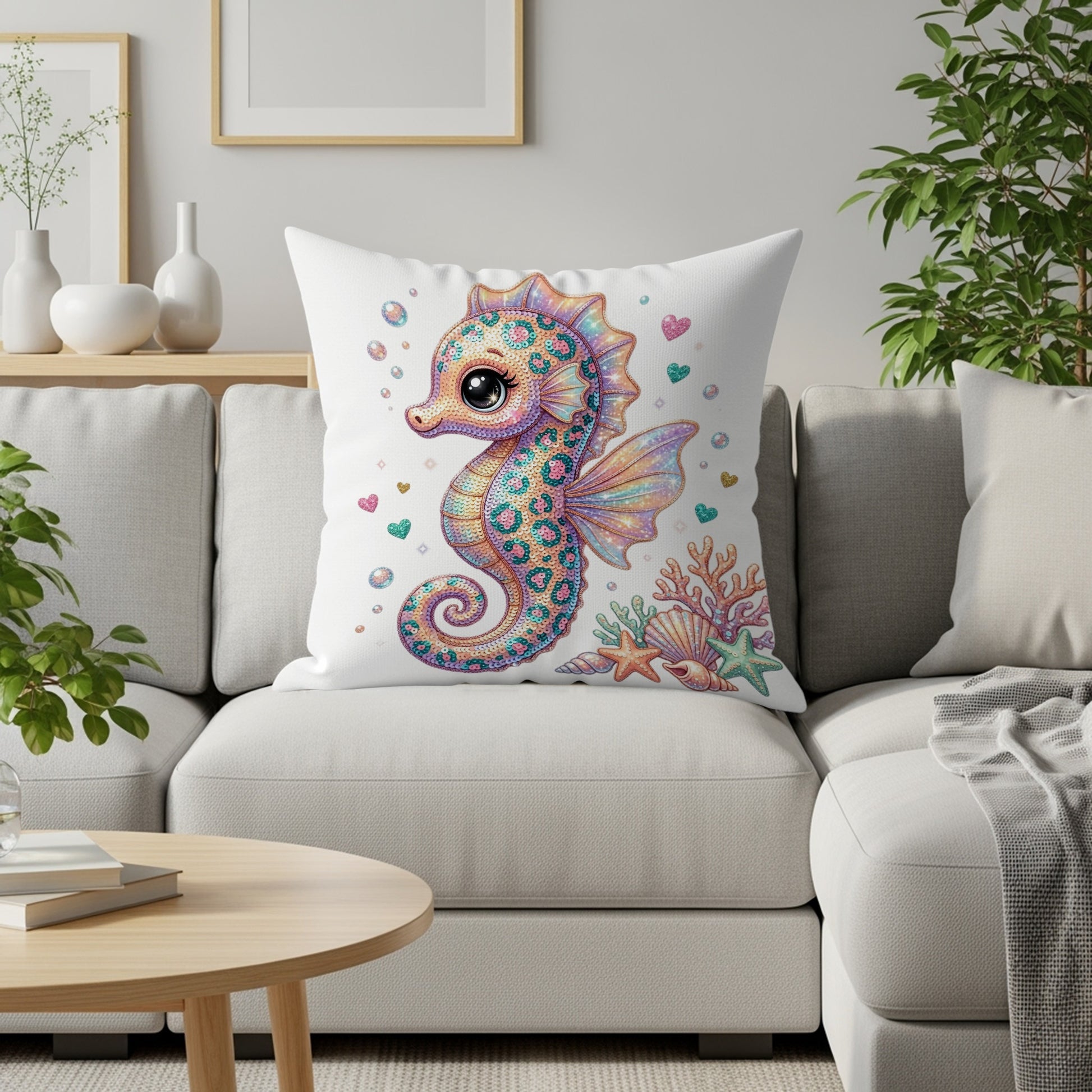 Decorative throw pillow with a colorful seahorse and ocean-themed accents.