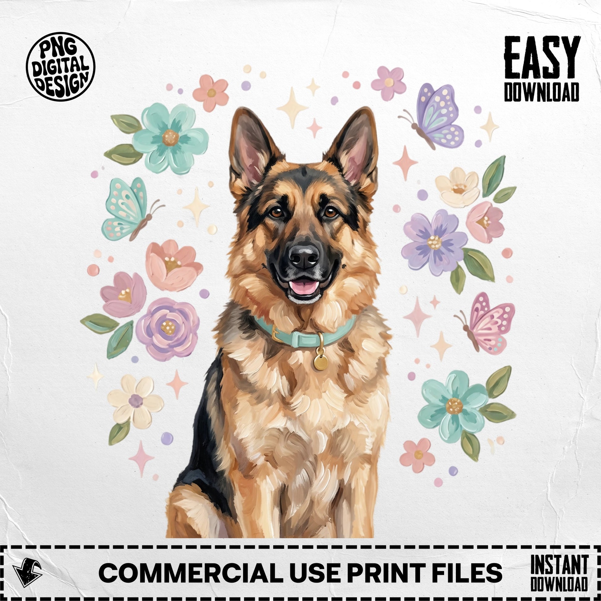 German Shepherd portrait surrounded by pastel flowers and butterflies.