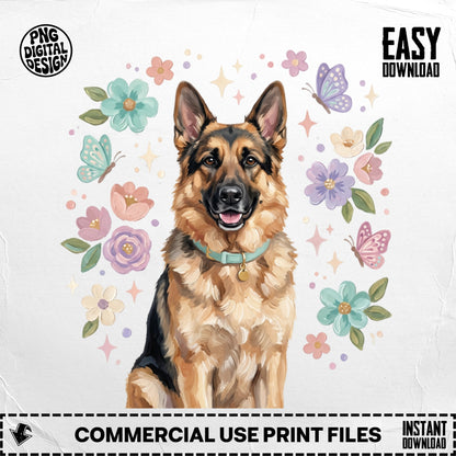 German Shepherd portrait surrounded by pastel flowers and butterflies.