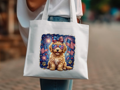 Golden retriever dog wearing sunglasses with American flags and fireworks.