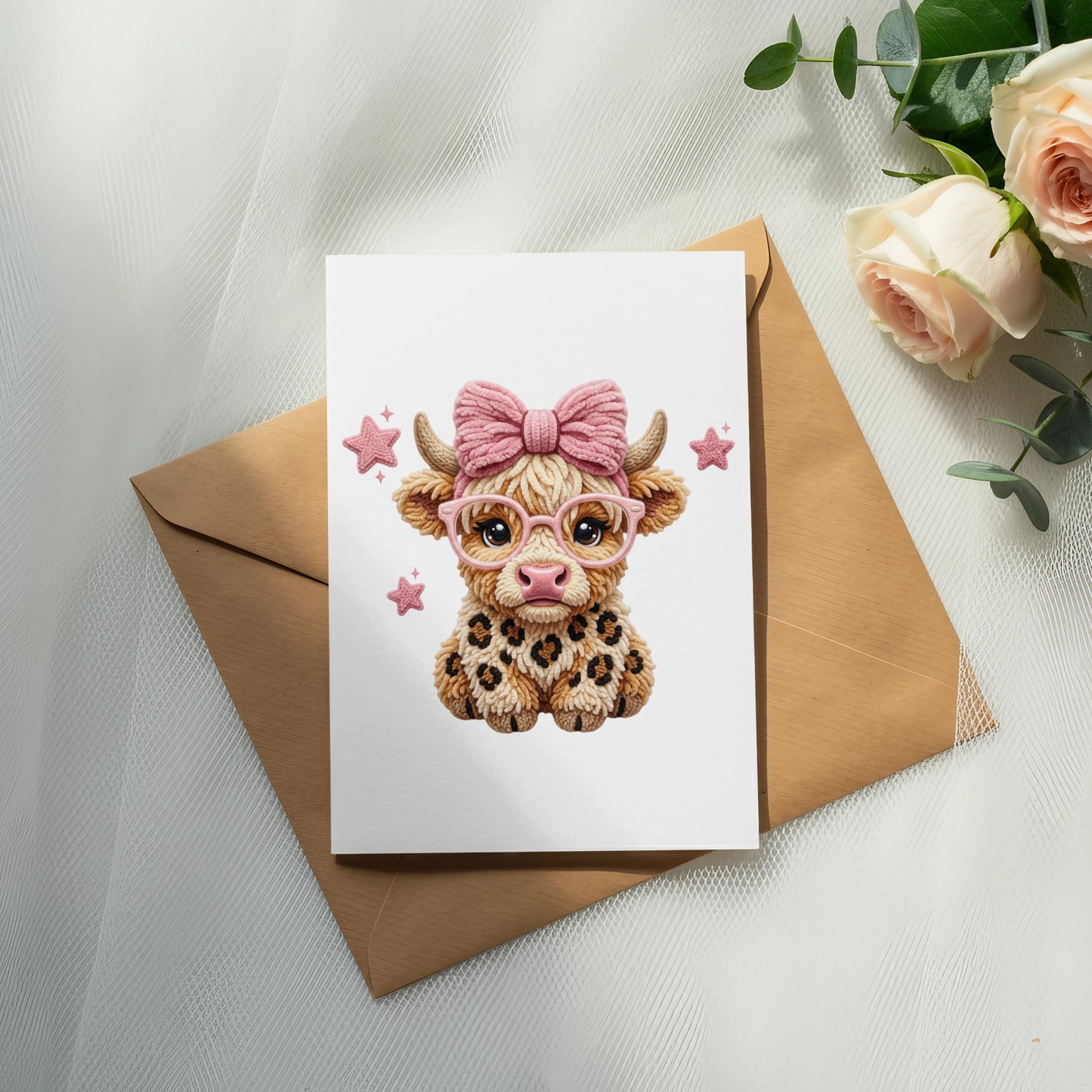 Card with a cute cow wearing glasses and a pink bow.