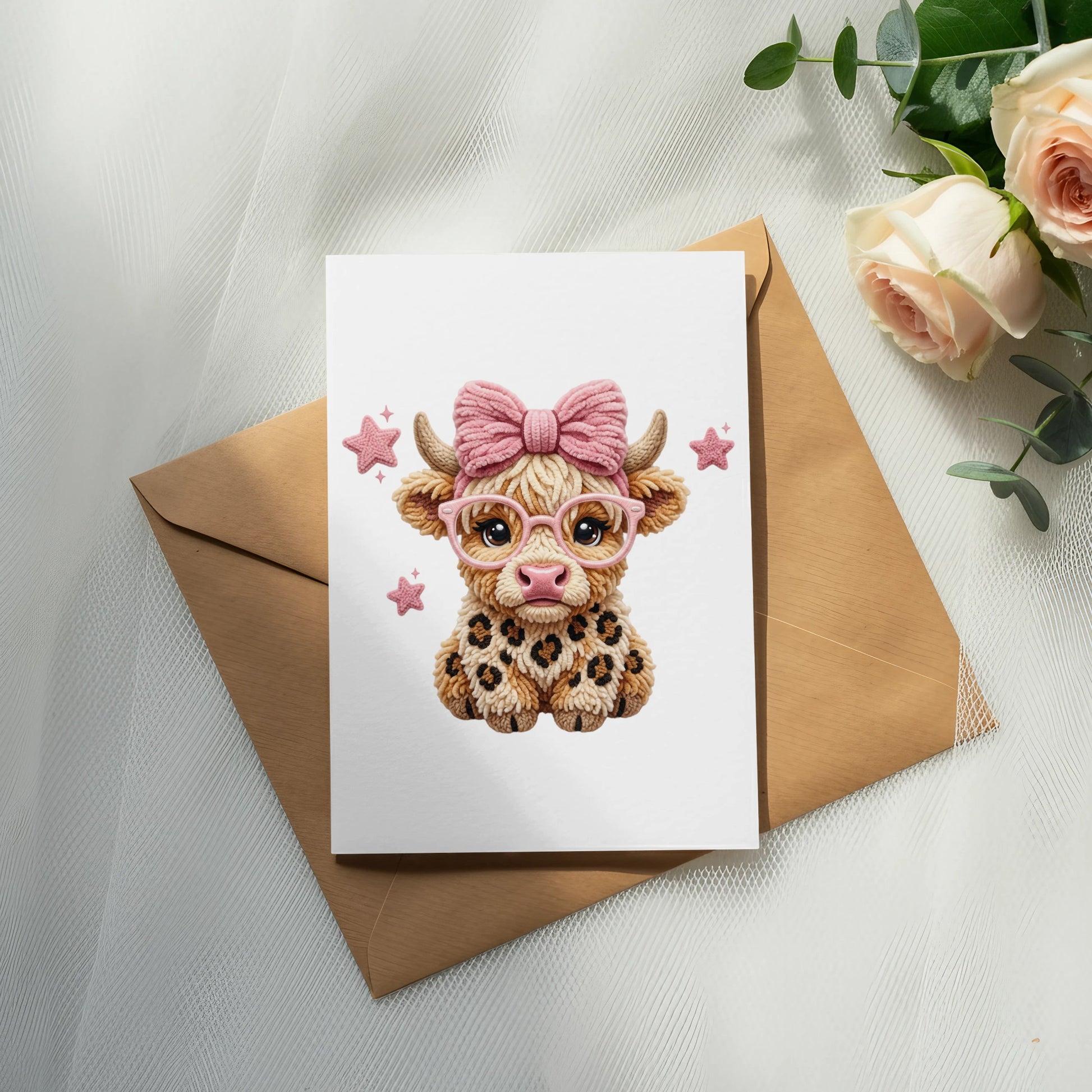 Card with a cute cow wearing glasses and a pink bow.