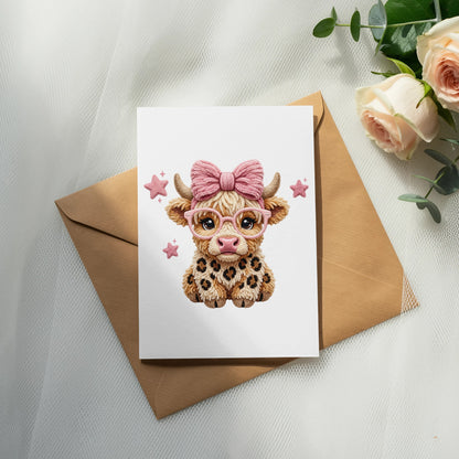 Card with a cute cow wearing glasses and a pink bow.