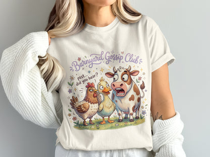 Barnyard Gossip Club t-shirt with cow, duck, and chicken characters.