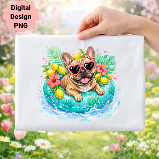 French bulldog in heart sunglasses on a float with lemons and tropical leaves.
