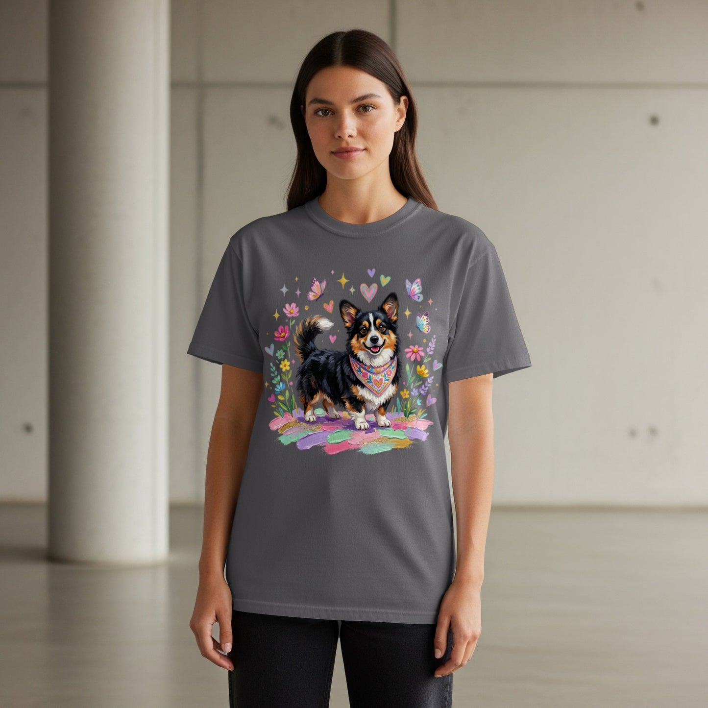 Dark gray t-shirt featuring a cute corgi illustration with flowers and hearts.