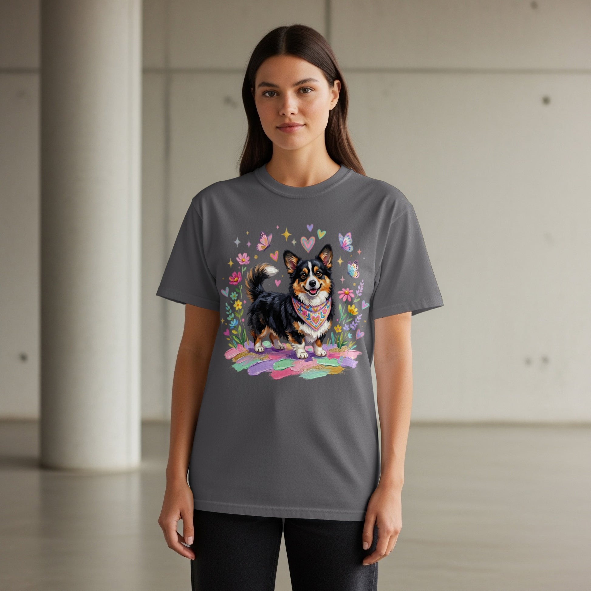 Dark gray t-shirt featuring a cute corgi illustration with flowers and hearts.