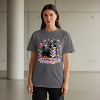 Dark gray t-shirt featuring a cute corgi illustration with flowers and hearts.