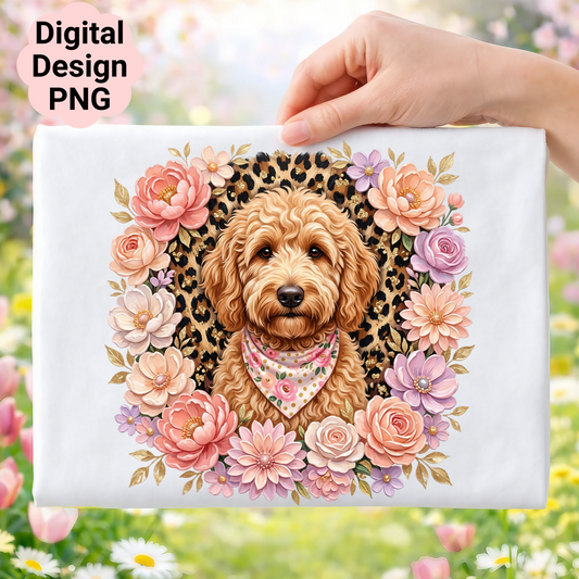 Dog wearing bandana surrounded by floral leopard print frame.