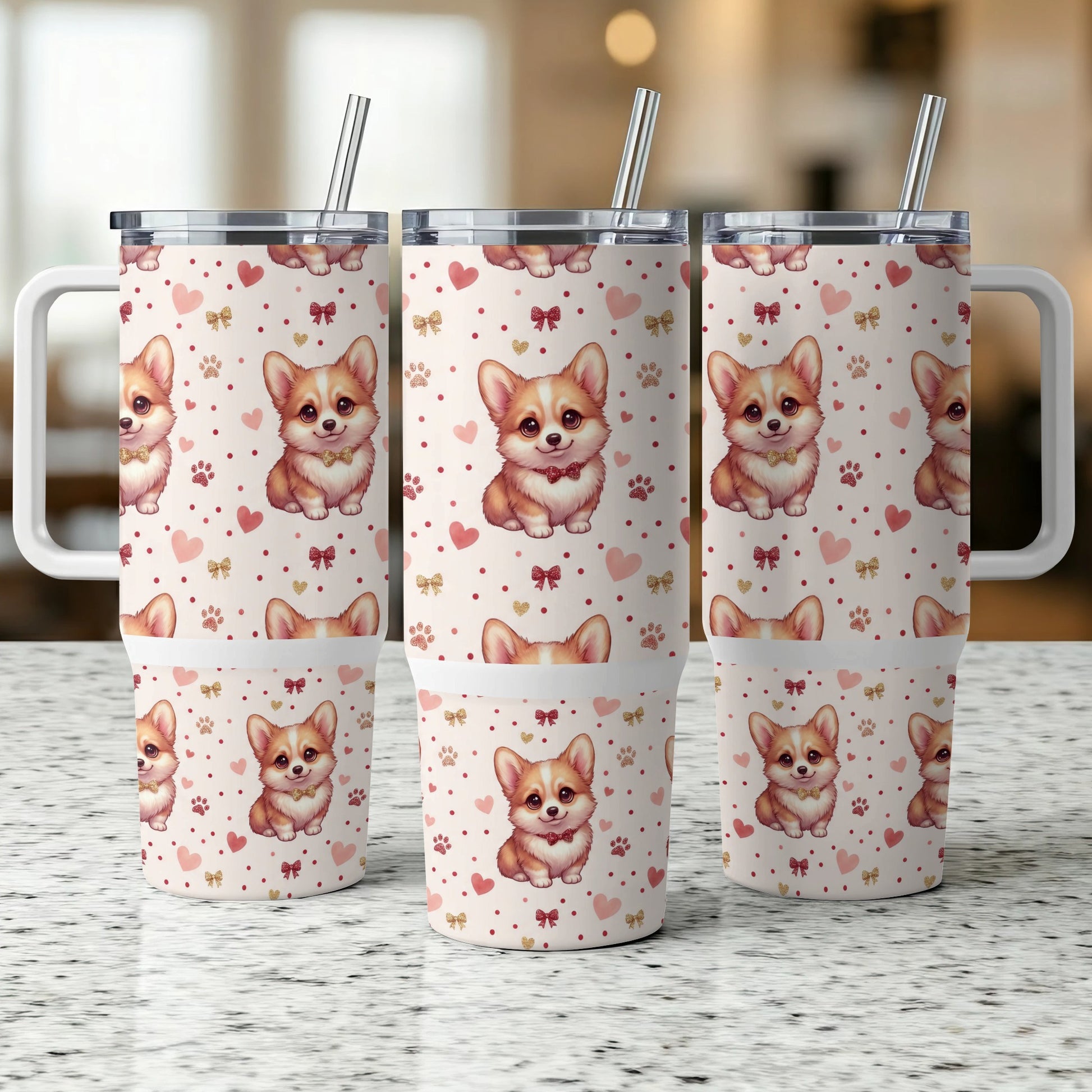 Three tumblers with a corgi and heart pattern, each with a straw.