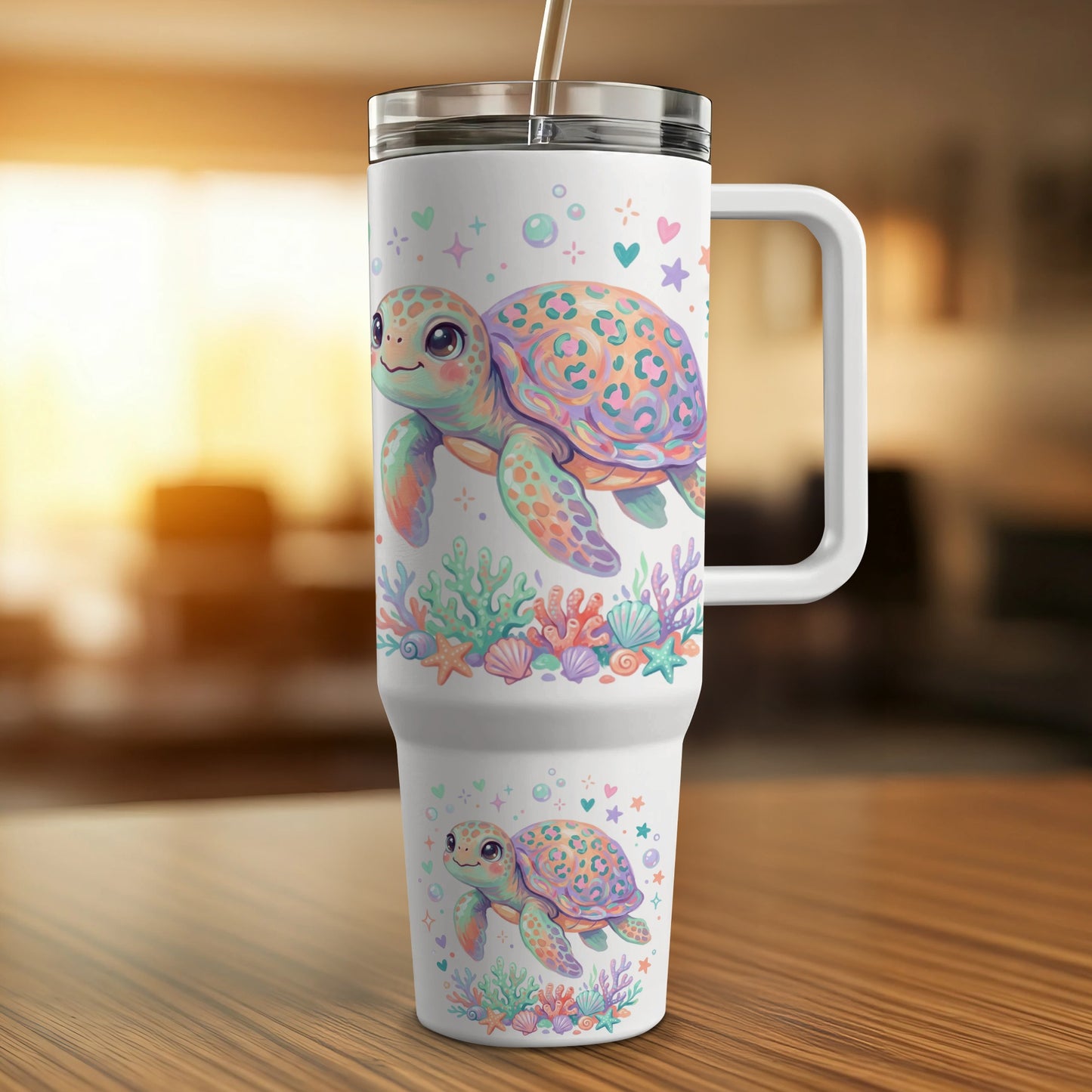 Two cute turtles with colorful shells and hearts on a white tumbler with a straw.