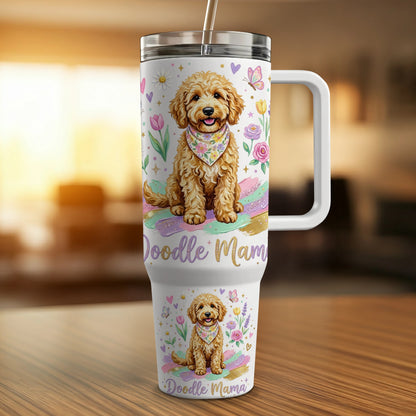 White tumbler with doodle dog and "Doodle Mama" text.