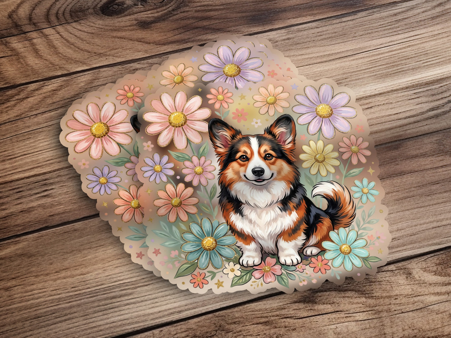 Pembroke Welsh Corgi surrounded by colorful cartoon flowers.