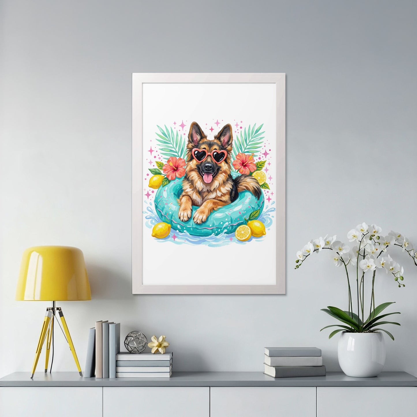 German Shepherd wearing heart sunglasses relaxes in a pool float with lemons.