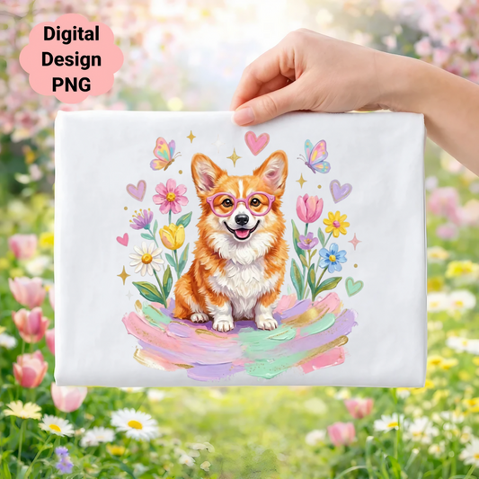 Corgi with glasses, flowers, and butterflies on pastel art.