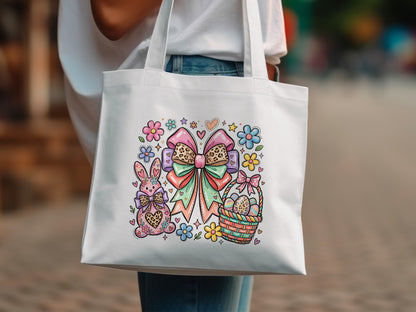 Easter tote bag with bunny, basket, and colorful bows and flowers.