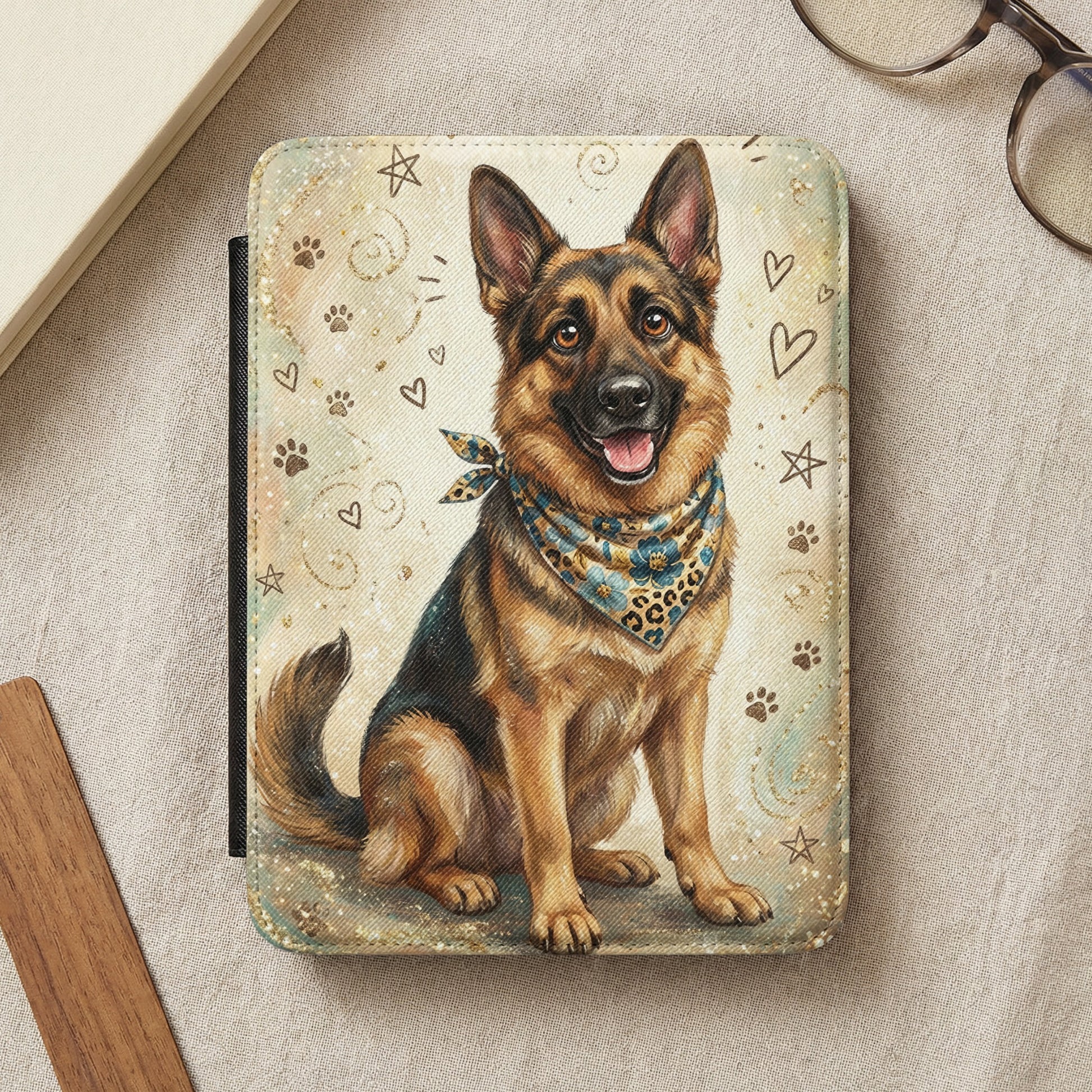German Shepherd wearing a bandana, sitting with paw prints and hearts.