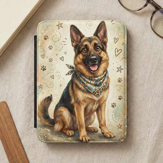 German Shepherd wearing a bandana, sitting with paw prints and hearts.