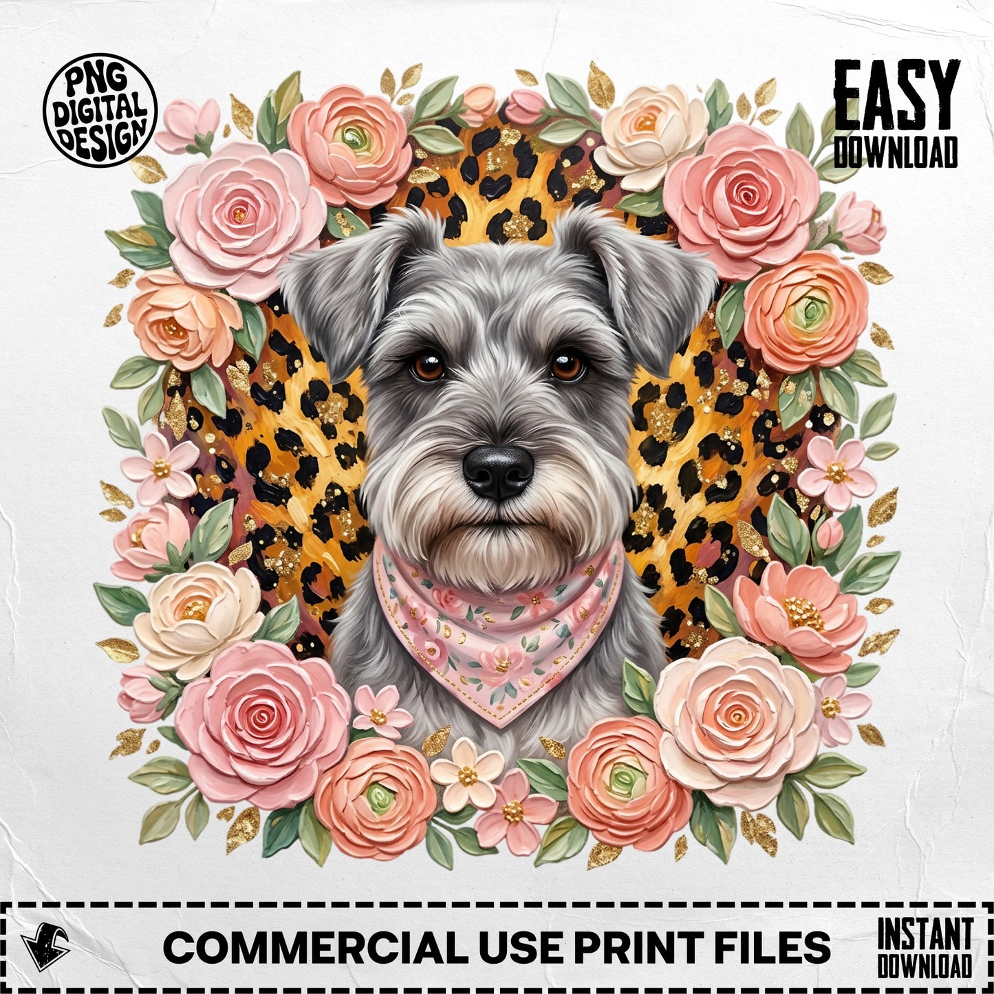Schnauzer dog face with floral border and leopard print background.