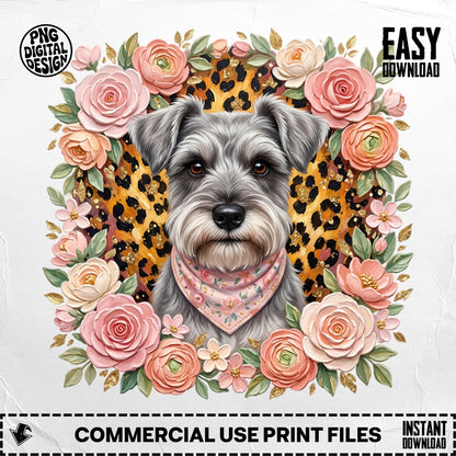 Schnauzer dog face with floral border and leopard print background.