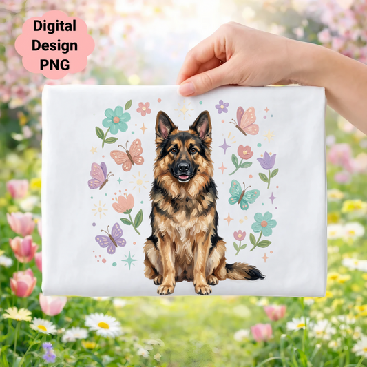 German Shepherd with flowers and butterflies, digital design PNG.