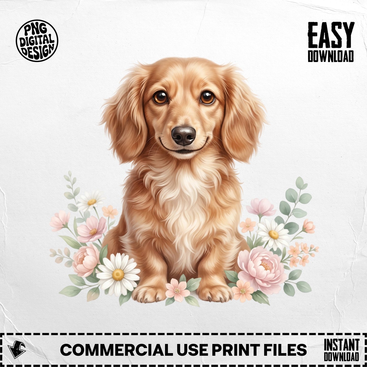Dachshund puppy surrounded by pink and white flowers with "EASY DOWNLOAD" text.