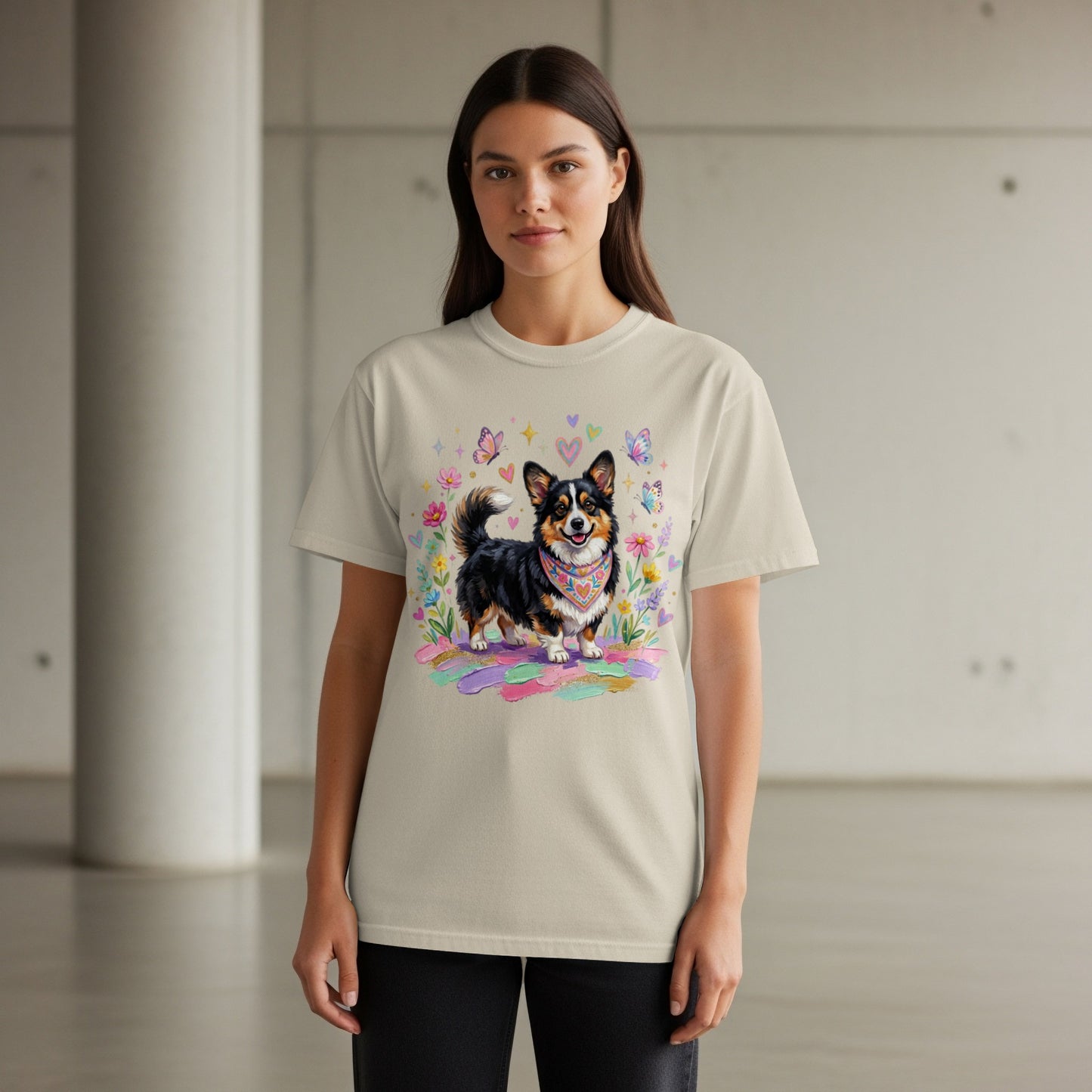 Cream t-shirt with a corgi wearing a bandana surrounded by flowers and butterflies.