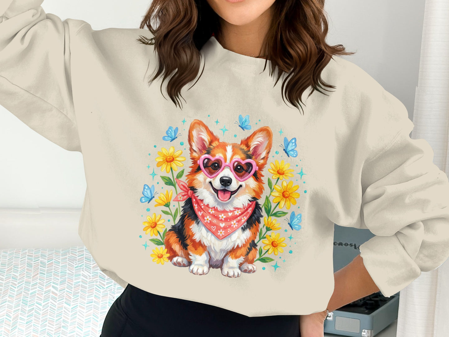 Corgi with heart sunglasses, bandana, and butterflies surrounded by yellow flowers.