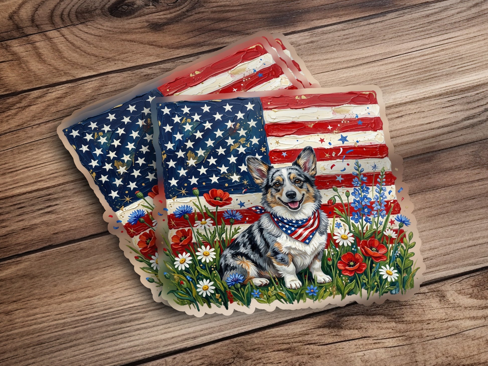 Corgi wearing bandana sits in field of flowers with American flag backdrop.