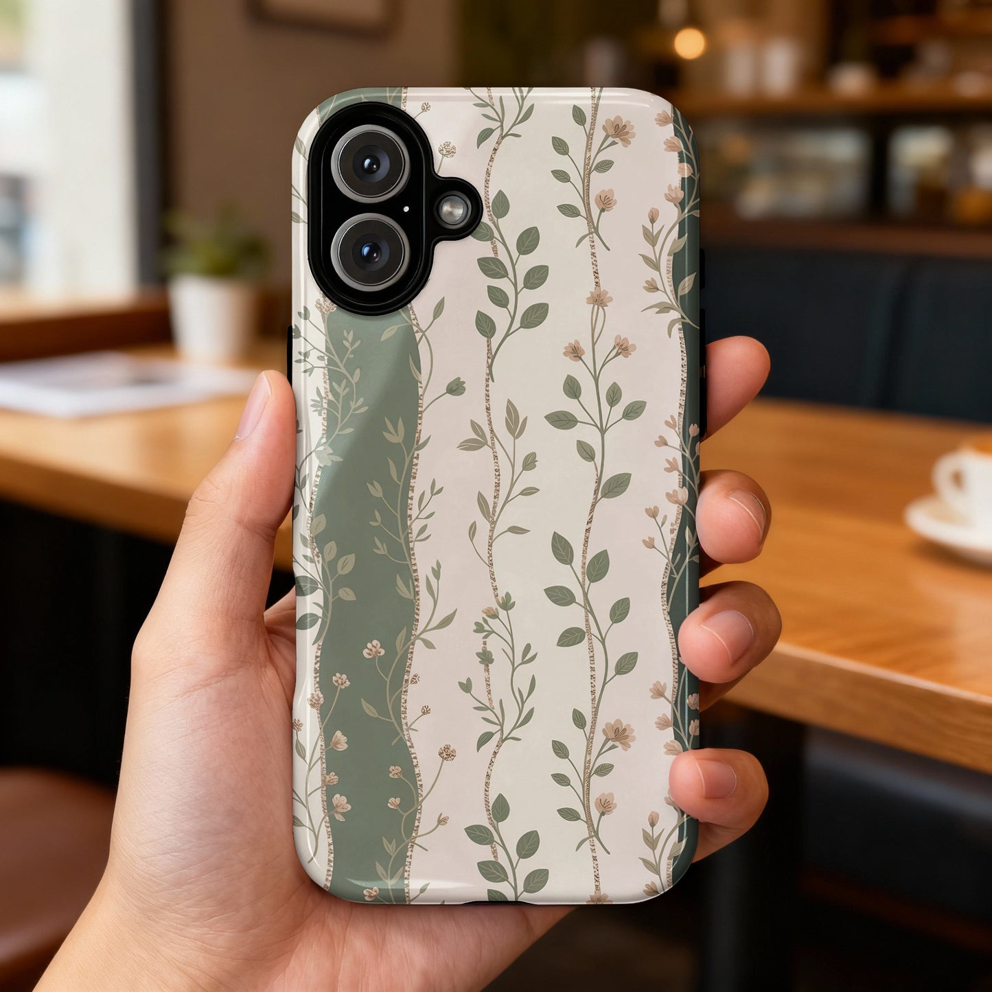 Phone case with vertical floral and striped pattern held in hand.