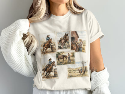 Collage of watercolor scenes featuring horses and riders on a t-shirt.
