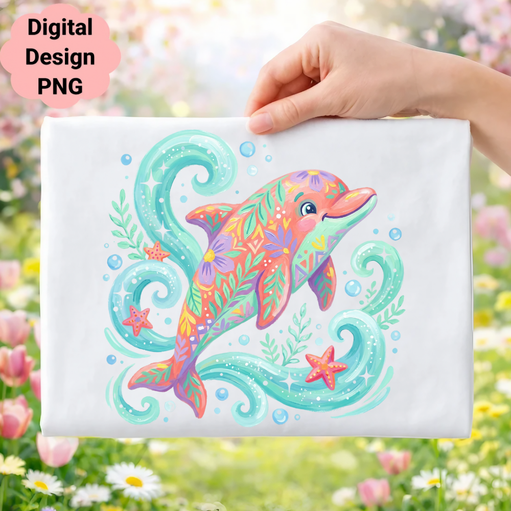 Decorated dolphin swimming in stylized waves with starfish, pastel flowers background.