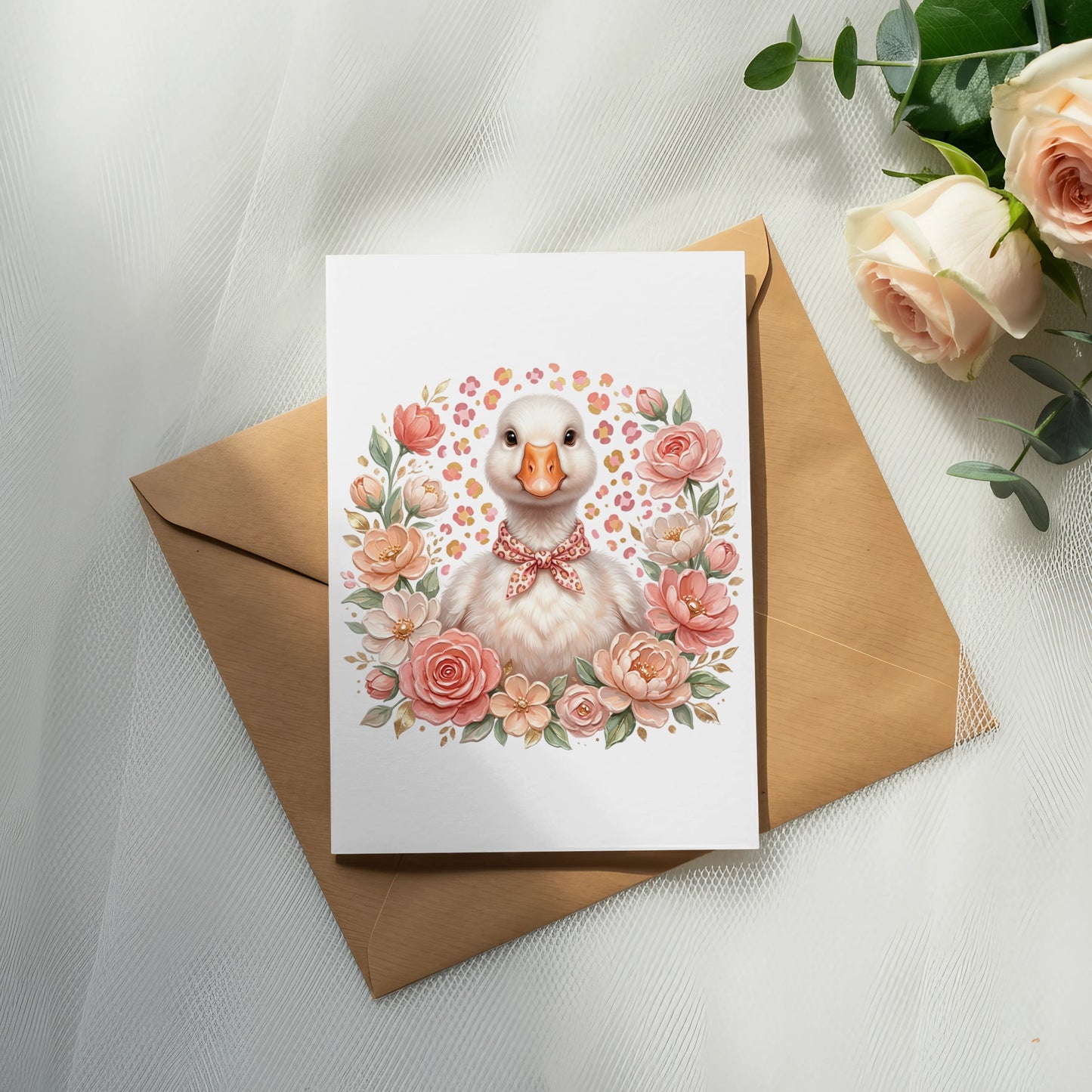 Illustration of a duckling with floral wreath and bow on an envelope.
