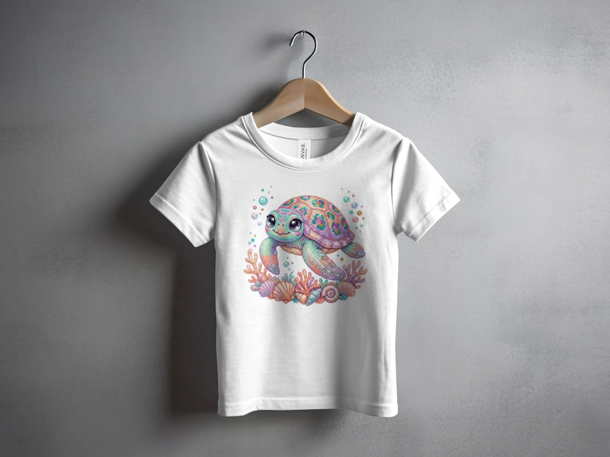 Cute cartoon turtle with colorful shell on a coral reef.
