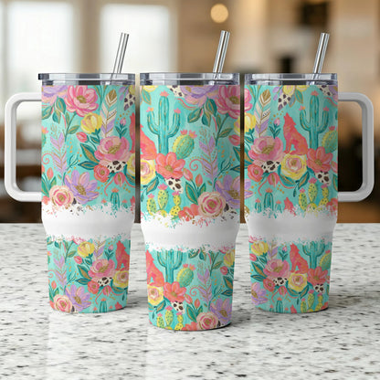Three tumblers with a floral and cactus desert western pattern.