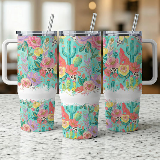 Three tumblers with a floral and cactus desert western pattern.