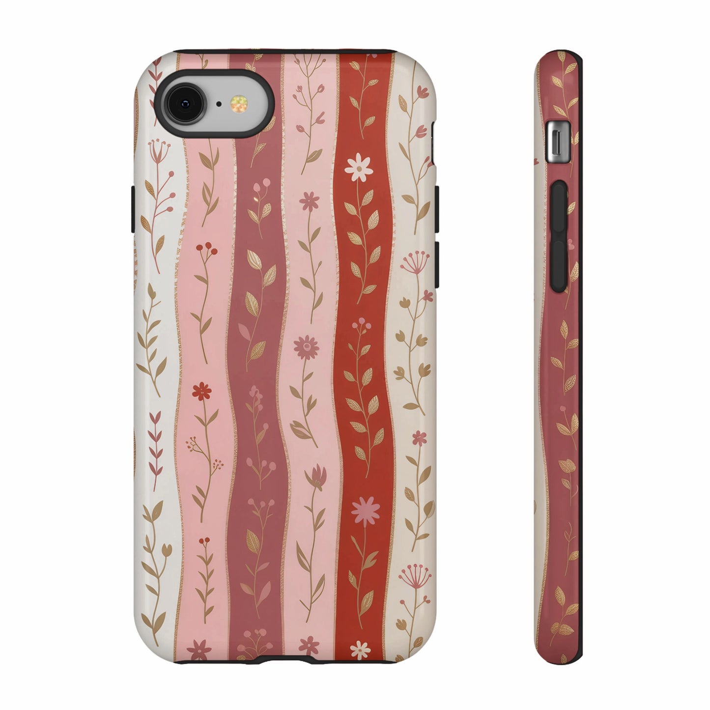 Phone case with pink and red stripes and floral botanical pattern.