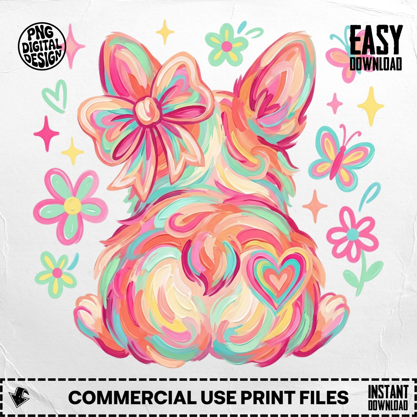Colorful corgi butt with bow, butterflies, and flowers.