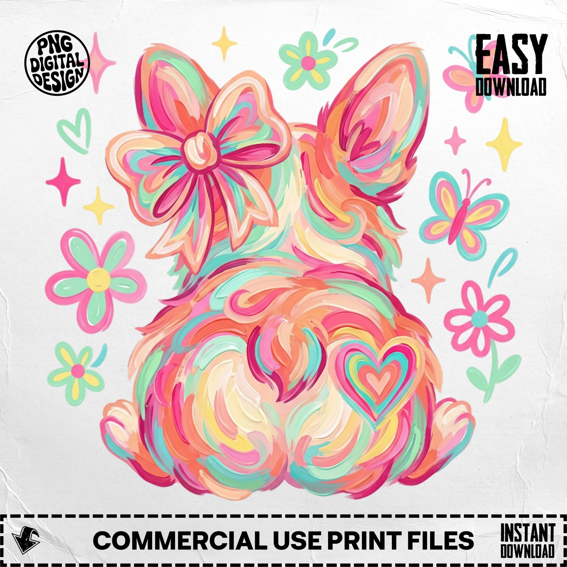Colorful corgi butt with bow, butterflies, and flowers.